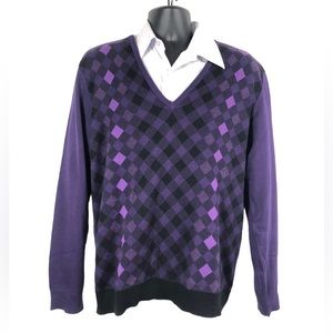 Ben Sherman Cotton Argyle V-neck Golf Sweater Long Sleeve Purple Black Size XL